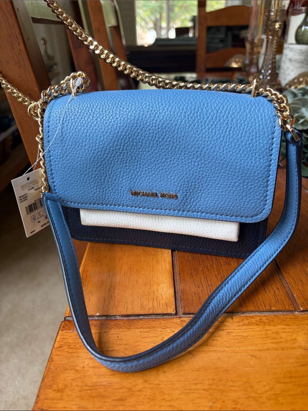 Michael Kors Sky Blue and Navy Pebbled Leather Crossbody with Gold Chain